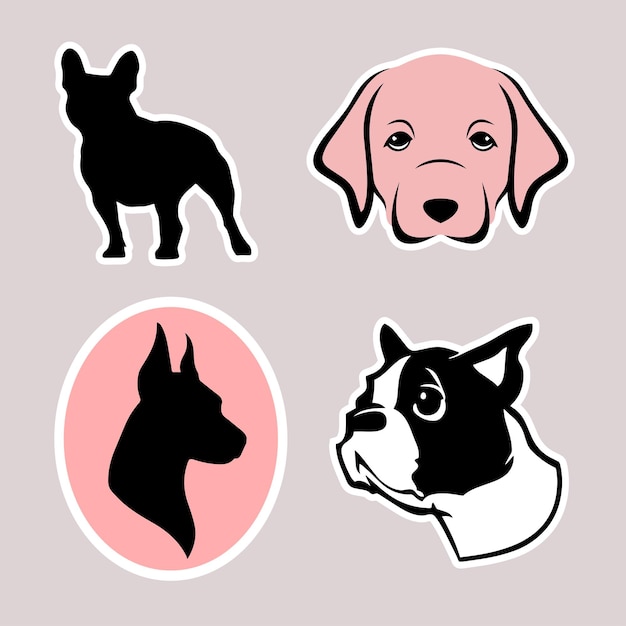 Vector cute various dogs as stickers for web design boston terrier, labrador, doberman as stickers set