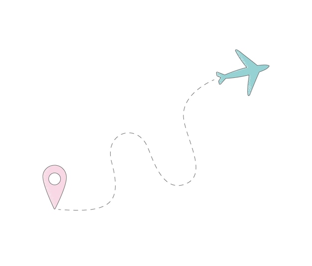 Cute vector airplane dotted flight route aircraft tracking dash line trace icon