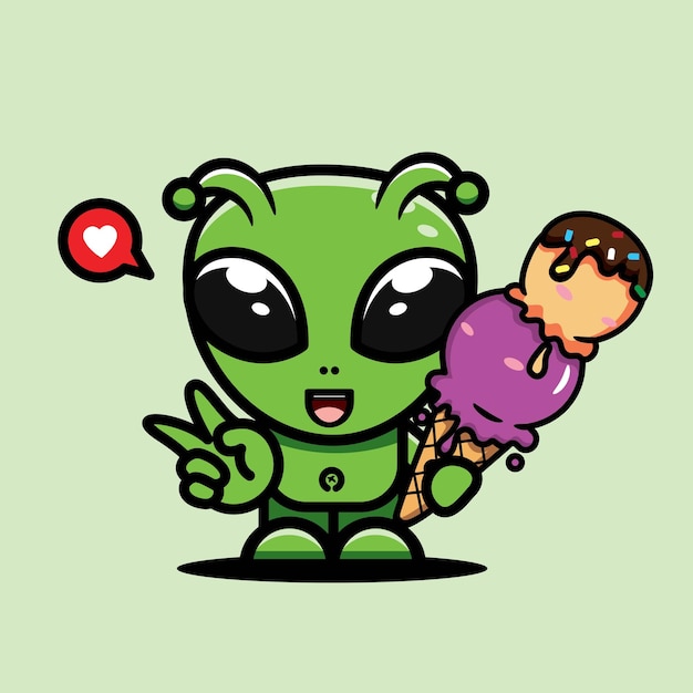 Vector cute vector alien character design illustration eating ice cream