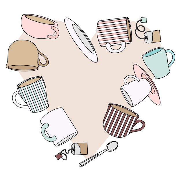 Cute vector background with lovely tea caps for two cafe banner