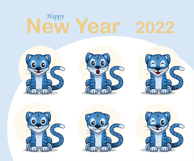 Cute vector blue tigers happy chinese new year greeting card animal holidays cartoon character with..