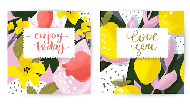 Cute vector cards with floral and fruit design. flowers and leaves.