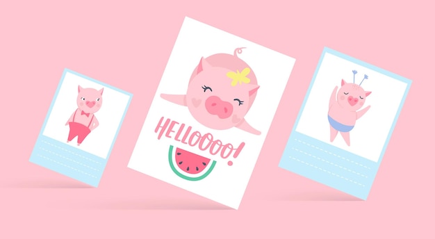 재미 있는 돼지와 함께 귀여운 벡터 카드입니다. 돼지 그림 흰색 절연입니다. 만화 동물. 쾌활한 돼지 컬렉션입니다.
