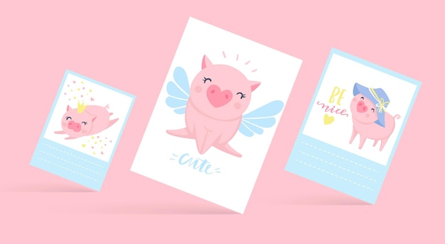 Cute vector cards with funny pigs. Pig illustration isolated on white. Cartoon animals. Cheerful Piggy collection.