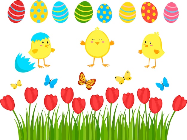 Cute vector cartoon easter characters set