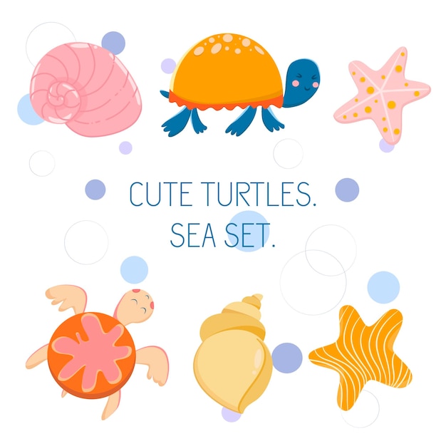 Cute vector cartoon turtles sea set with baby turtles seashells starfish