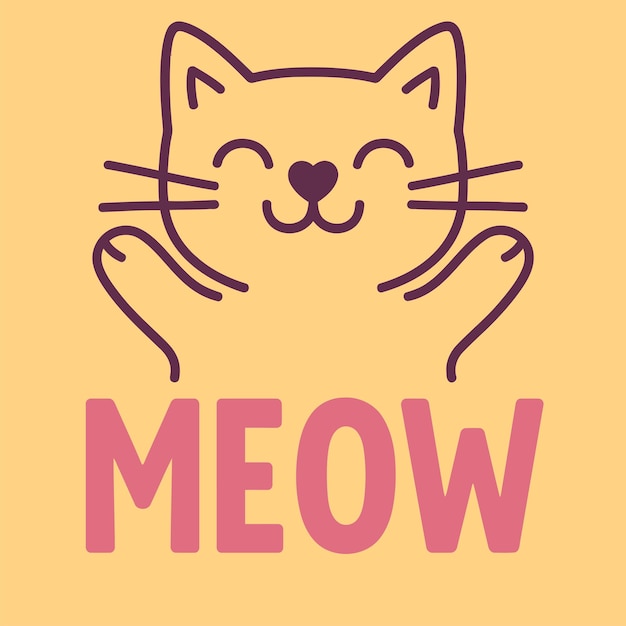 cute vector cat face illustration with heart nose and meow lettering kawaii minimal style