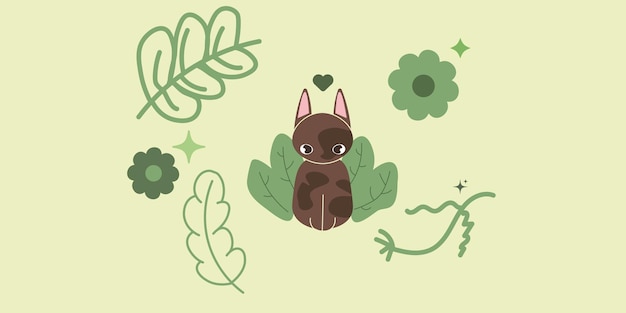 Vector cute vector cat illustration with plants