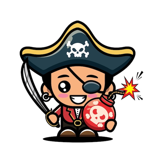 Vector cute vector character design illustration of a pirate carrying a boom