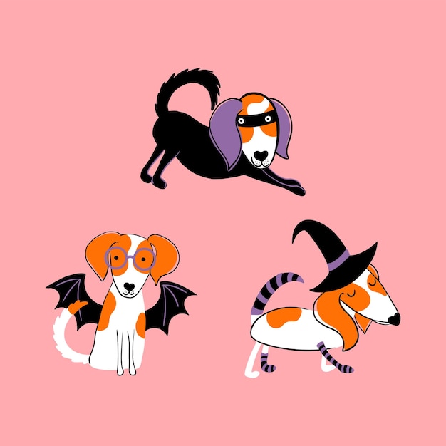 Cute vector characters. Halloween party. Puppies wearing masquerade costumes