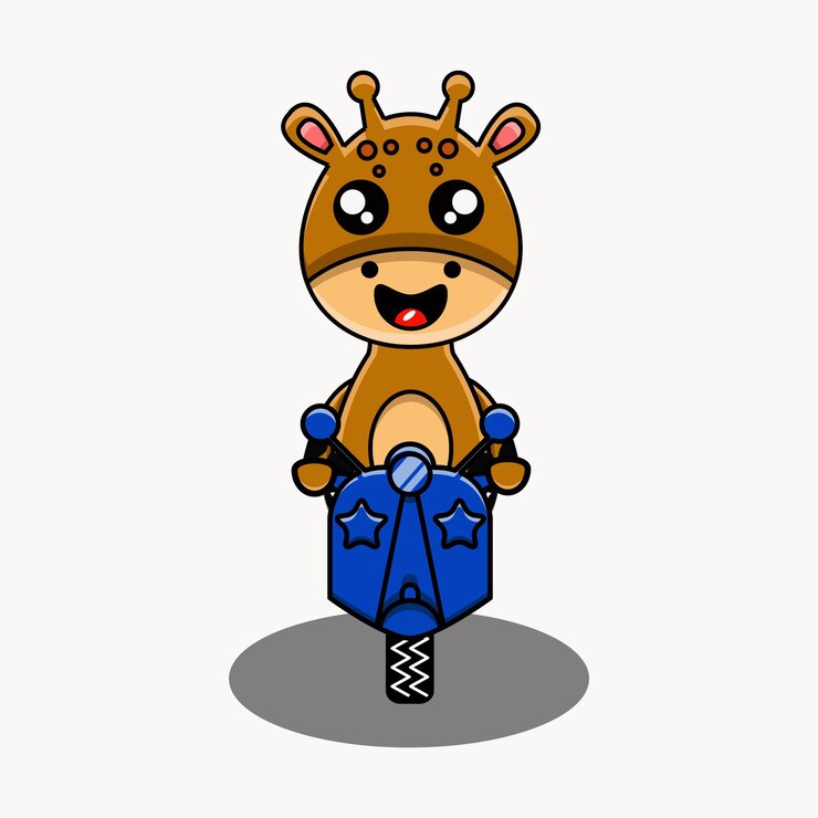 Cute vector design illustration of a giraffe mascot riding a motorbike