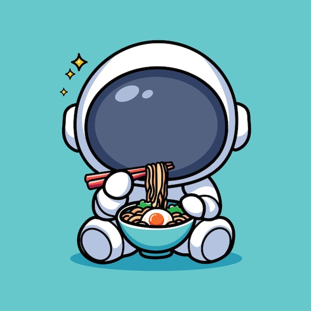 ラメンを食べている宇宙飛行士の可愛いベクトルデザインイラスト