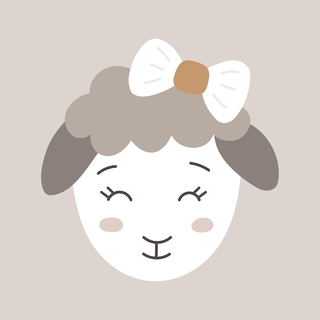 Cute vector girl sheep with bow, doodle lamb icon for children, funny illustration of farm animal