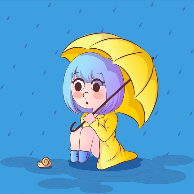 우산 비오는 날 노란색 파란색으로 귀여운 벡터 소녀