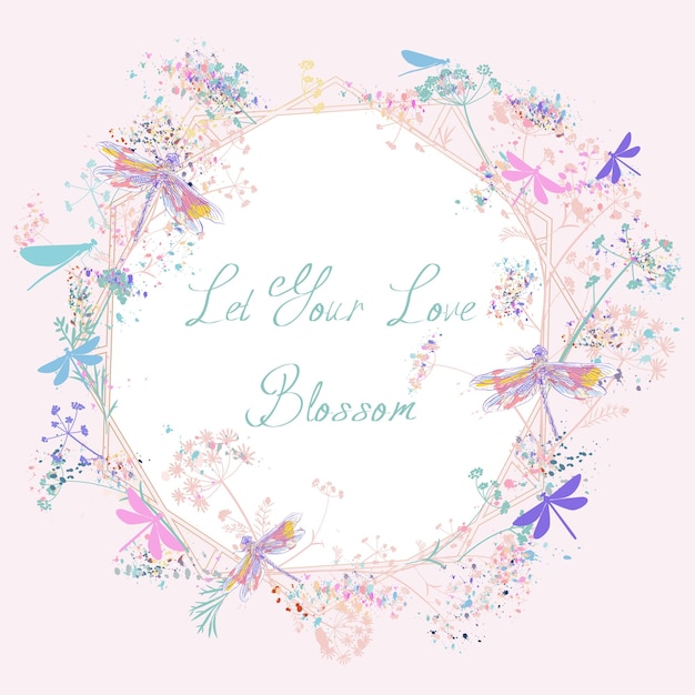 Vector cute vector greeting card with rustic pink blue florals and dragonflies romantic illustration