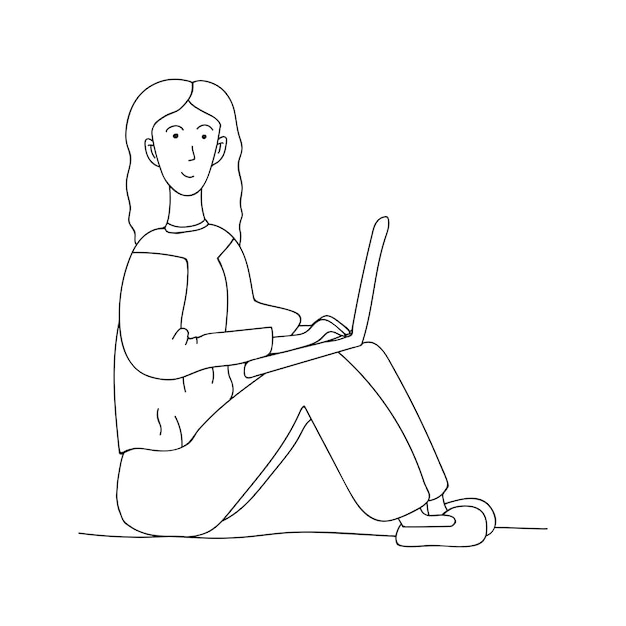 Doodle disegnato a mano di vettore sveglio, donna con il computer portatile. resta a casa, lavora a casa. libero professionista. studiato in linea. gente di scarabocchio positivo di quarantena. isolato su sfondo bianco.