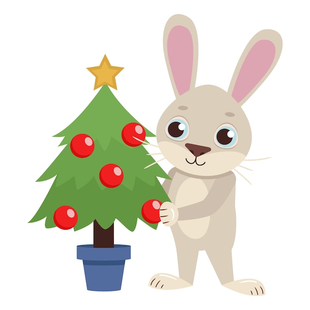 Cute vector hare decorates the christmas tree with balls.