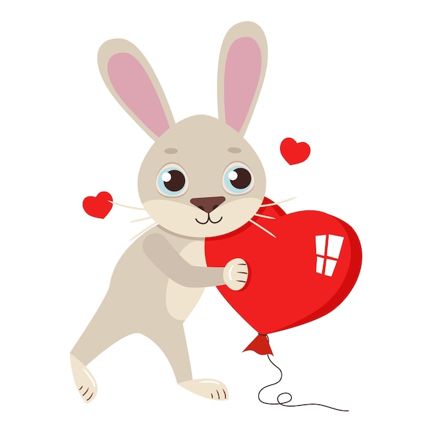 Cute vector hare with a big balloon in the form of a heart.