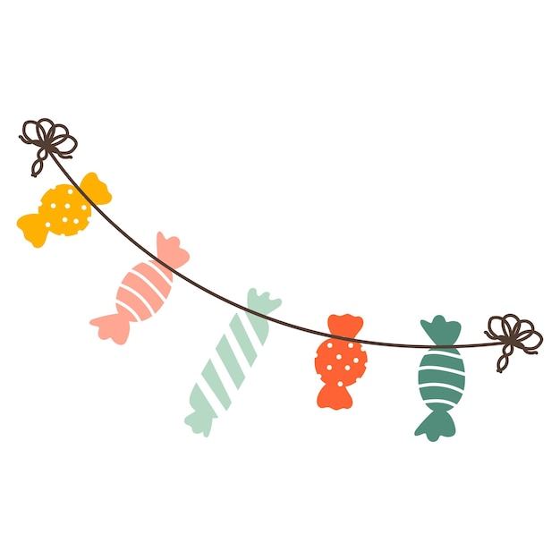 Vector cute vector holiday garland with candies vector illustration in simple modern hand drawn style