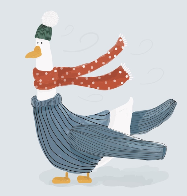 Cute vector illustration of a goose wearing a knitted sweater scarf and hat in wintertime