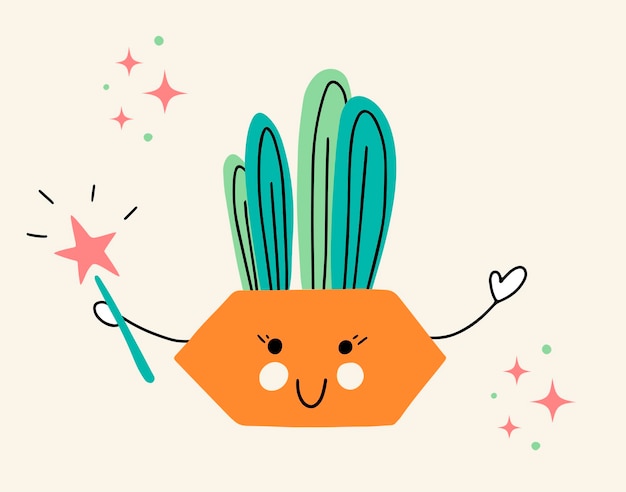 Vector cute vector illustration icon of funny cactus with magic wand and stars around character of houseplant