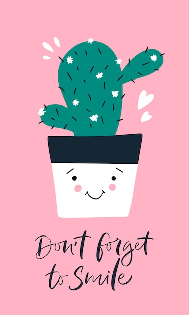 Illustrazione vettoriale carina icona di cactus sorridente con cuori intorno calligrafia disegnata a mano di non dimenticare di sorridere stampa per poster planner tessile banner etichetta adesivo biglietto di auguri camicia