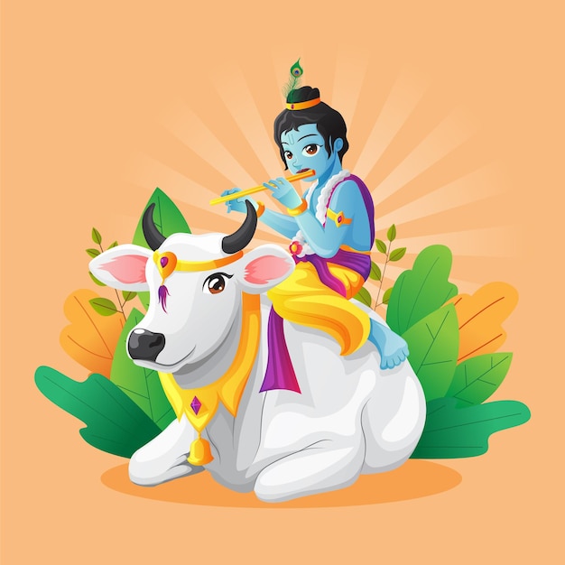 Vector cute vector illustration of little krishna playing flute while riding white cow