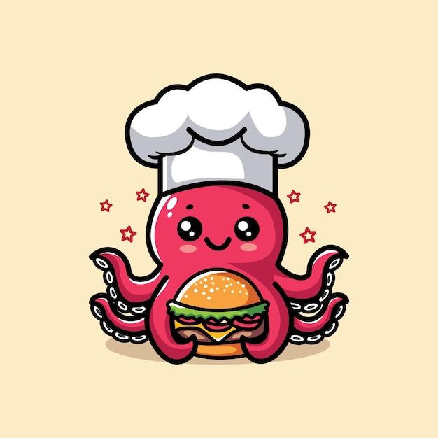 Cute vector illustration of an octopus being a chef bringing a burger