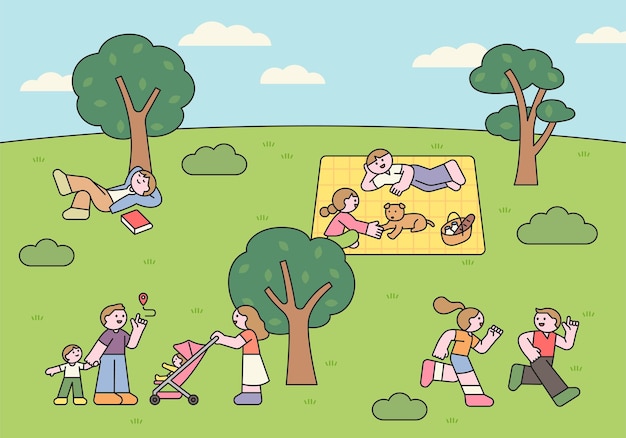 공원을 즐기는 사람들의 귀여운 터 일러스트레이션