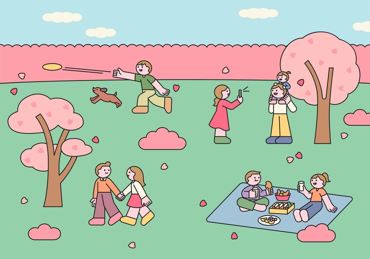 Vector cute vector illustration of people enjoying a spring day under cherry blossoms