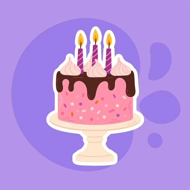 cute vector illustration of a pink birthday cake with chocolate glaze whipped cream