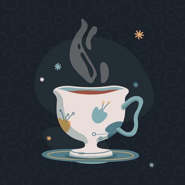 Vector cute vector illustration - porcelain cup of coffee on a plate.