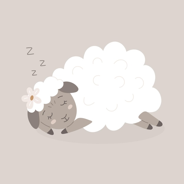 Cute vector illustration of sleeping little sheep, lamb dreams for children good night