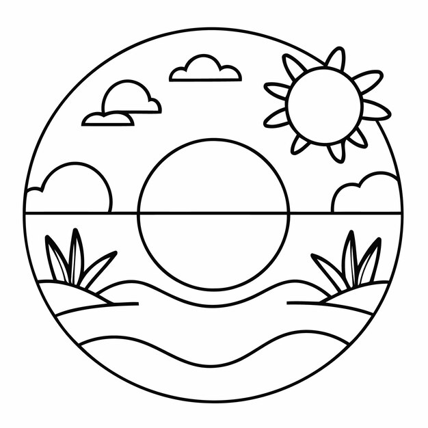 Vector cute vector illustration sunset for kids colouring page