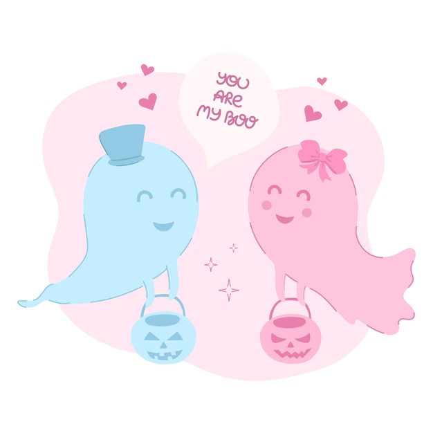 Cute vector illustration with pink and blue ghosts and pumpkin Loving ghosts Halloween in pink style