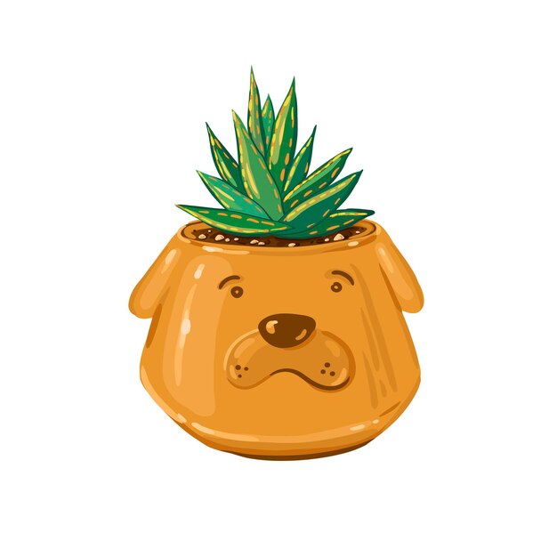 Cute vector illustration with succulent plant in funny ceramic pot green aloe vera plant