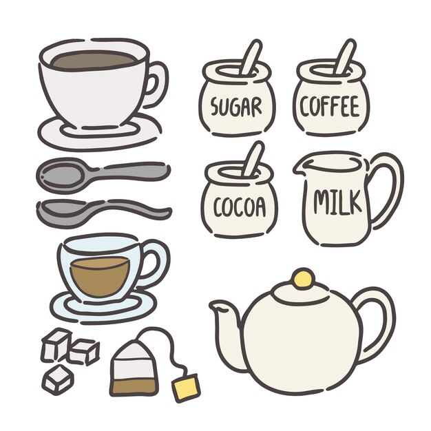 Cute illustrazioni vettoriali di bevande calde caffè tè e forniture