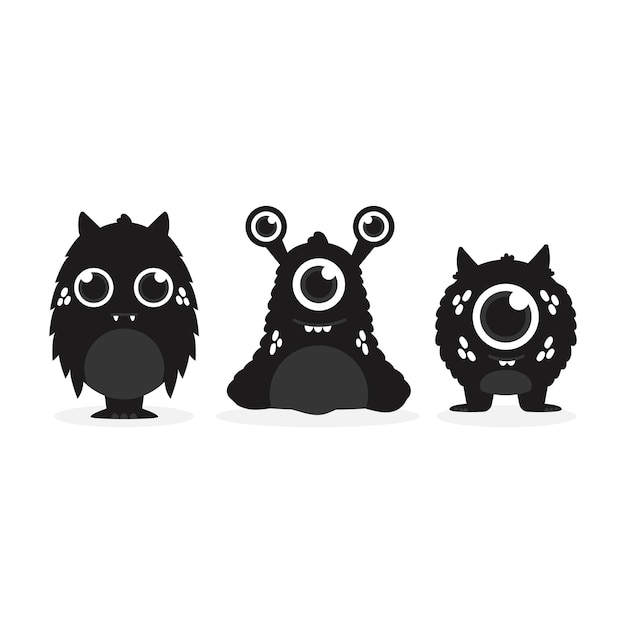 Cute vector monsters silhouettes set