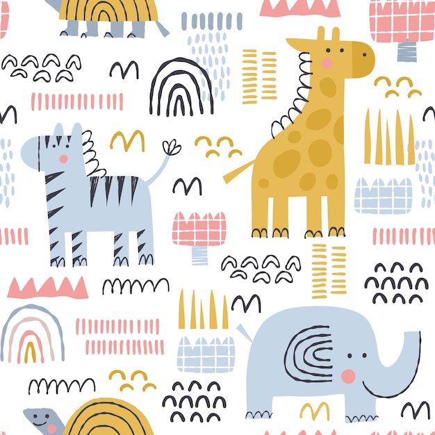 Vector cute vector pattern with african animals and plants in cartoon style zebra giraffe turtle herbs