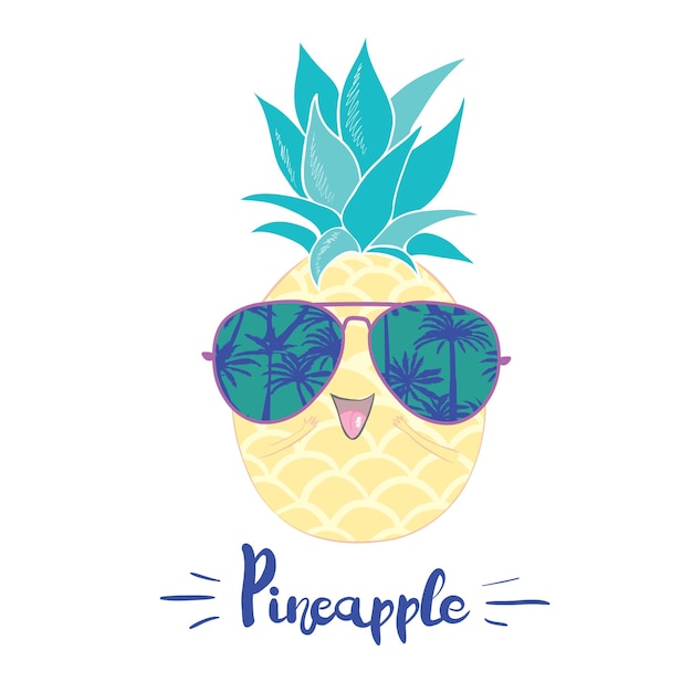 Cute vector pineapple illustration. Cartoon funny graphic food. Typography quote