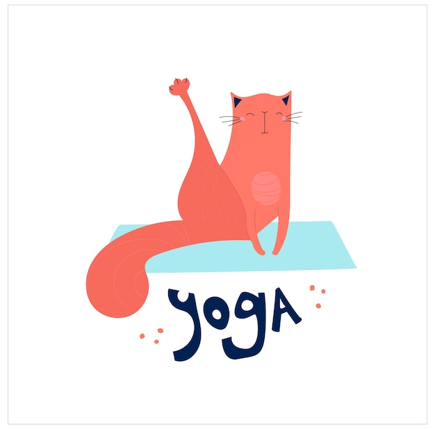 Cute vector poster by hand drawn cat and lettering Yoga