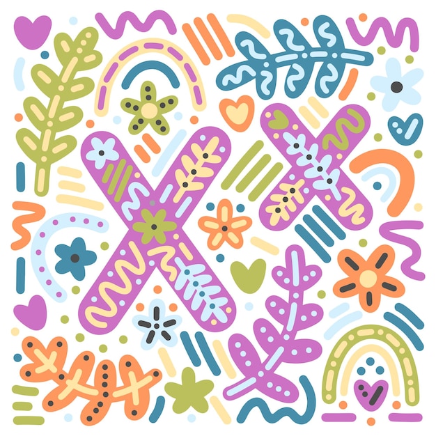 Cute vector poster with letter X, seasonal floral cartoon doodles for kids decor textile print