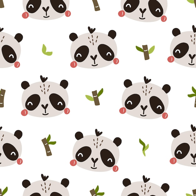 Cute vector seamless illustration with panda and bamboo twigs on white background for your design