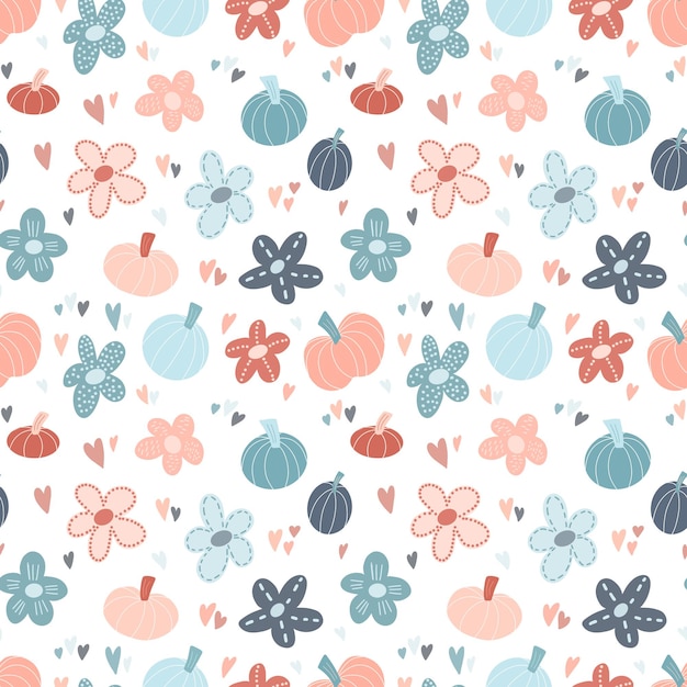 Vector cute vector seamless pattern background with hand drawn pumpkins, flowers and hearts in simple childish style, pastel color palette. seasonal beautful kids background. thanksgiving, halloween design.