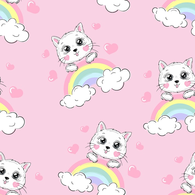 Cute vector seamless pattern for girl with cats on rainbow pink background childish ornament Pattern for printing on fabric clothing wrapping paper wallpaper for a kid room baby things