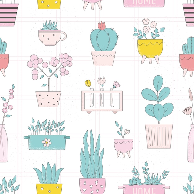 Cute vector seamlesspattern with homeplant vase flowers for wallpaper wrapping paper