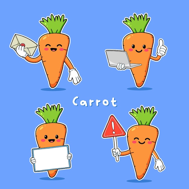 Vettore simpatico set vettoriale di caratteri di carota in diverse azioni, emozione isolata su sfondo blu