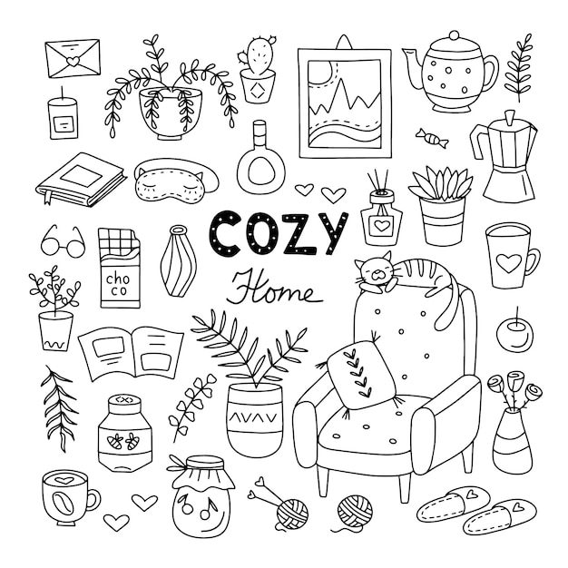 Cute vector set of hand drawn doodles about home comfort, quarantine, work at home. isolated on whit