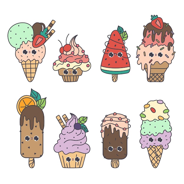 Cute vector set of kawaii doodles ice creams Sweets characters kids illustration in cartoon style Isolated on white