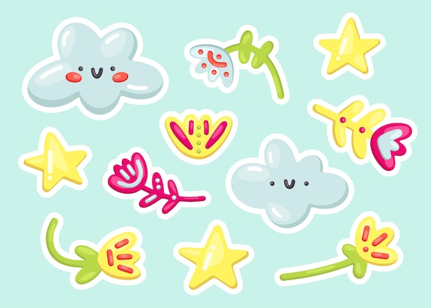 Cute vector set of kawaii stickers and icons. Smiling 3D clouds, flowers for decor, textiles, print